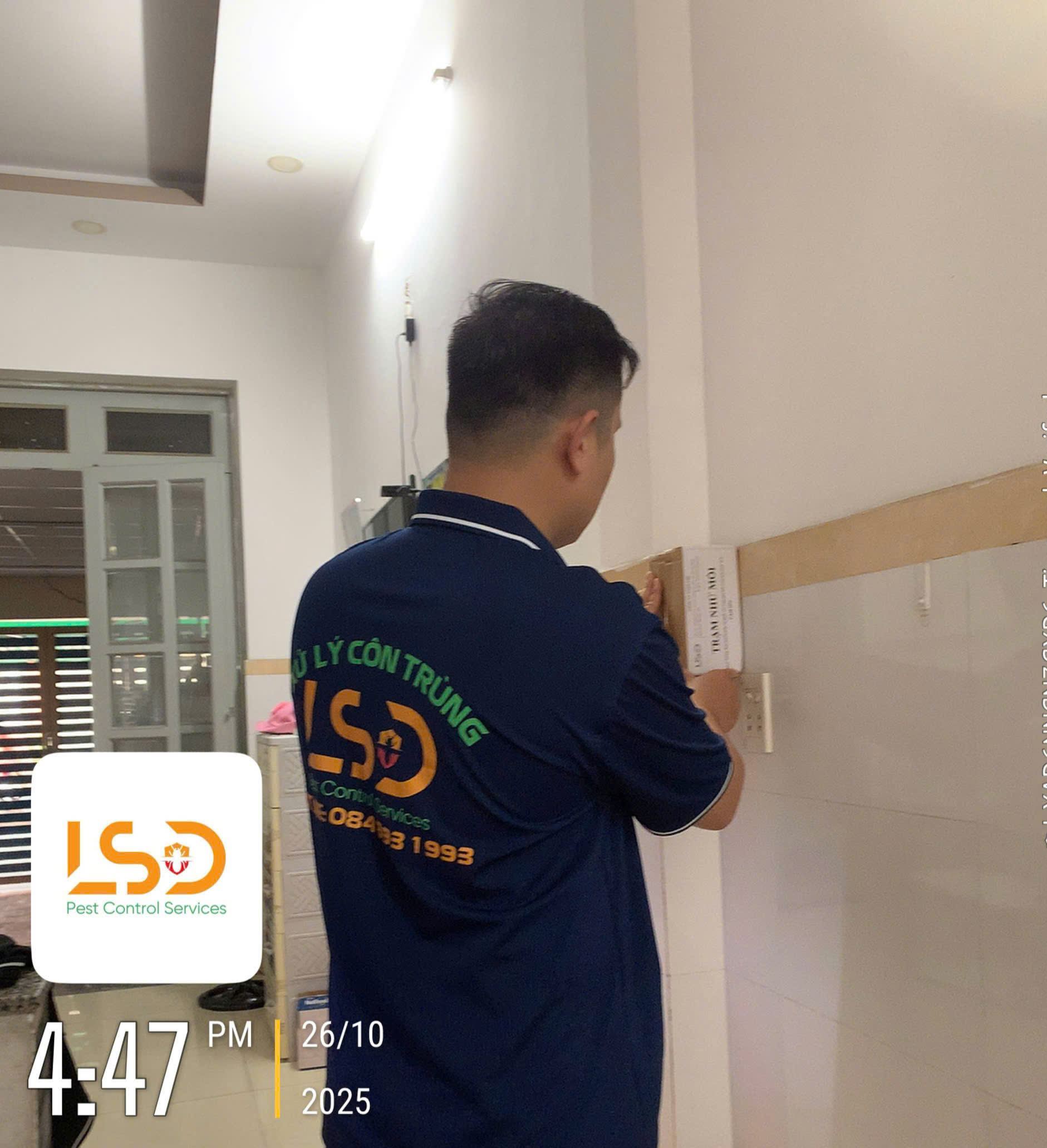 Kỹ thuật viên đang cố định hộp nhử mối tại khu vực có mối gây hư hại